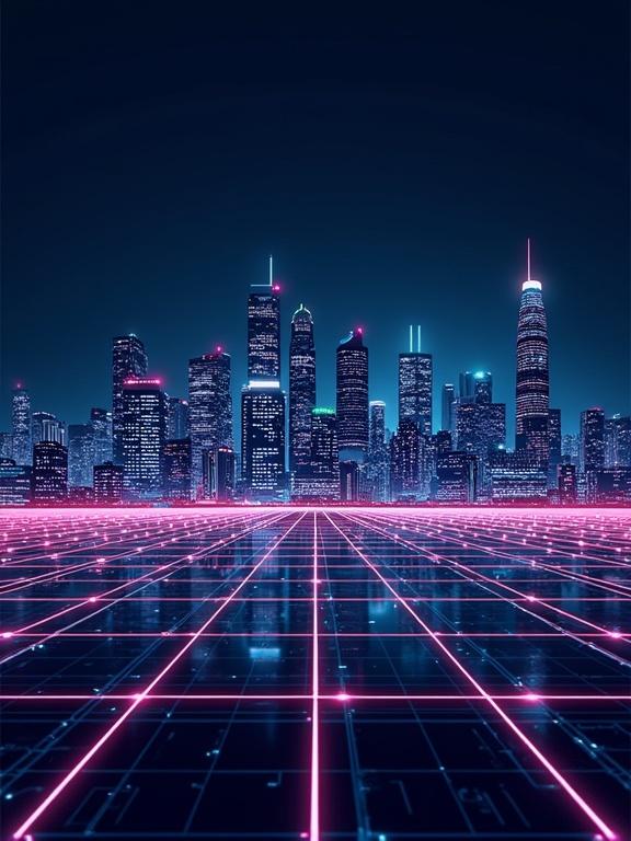 A high-tech skyline with glowing grid lines in the foreground. The skyline features tall buildings illuminated with neon accents. The style is architectural wireframe, created using vector linework.