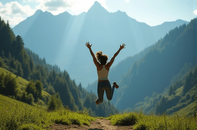 A person is joyfully jumping in a scenic mountain landscape with sun rays shining down.