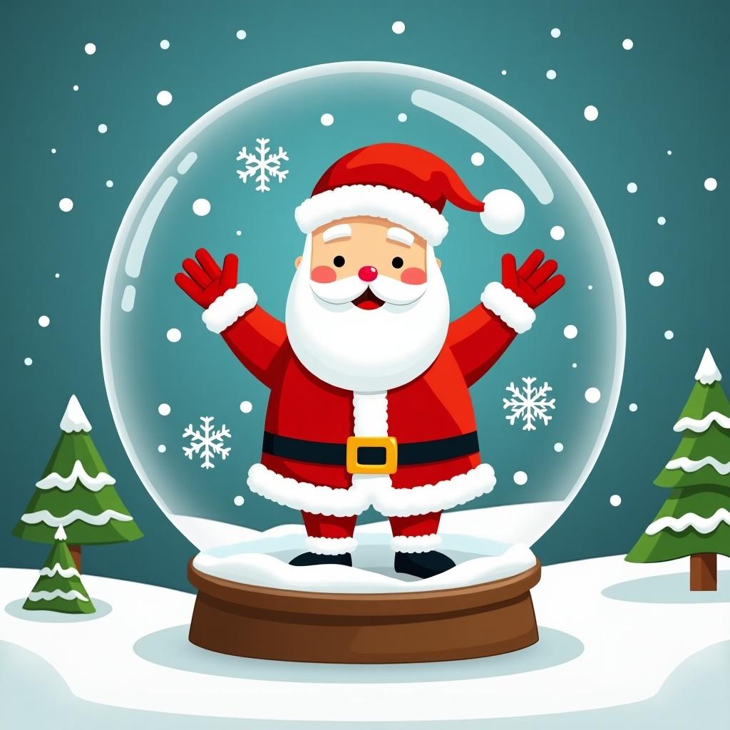 Santa Claus waves inside a snow globe with a winter background. Snowflakes and Christmas trees surround the globe.