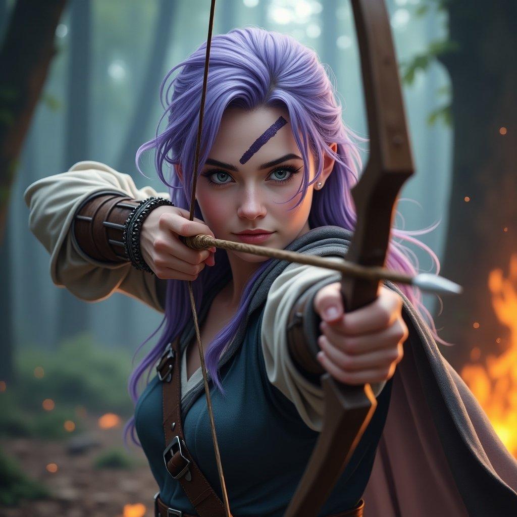 Epic photo of a medieval RPG character. Female human with lavender hair. Scar in eyebrow. Shooting a bow and arrow. Combat clothes. Bracelet on wrist. Facial expression shows confidence and bravery. Background is a forest with firelights.