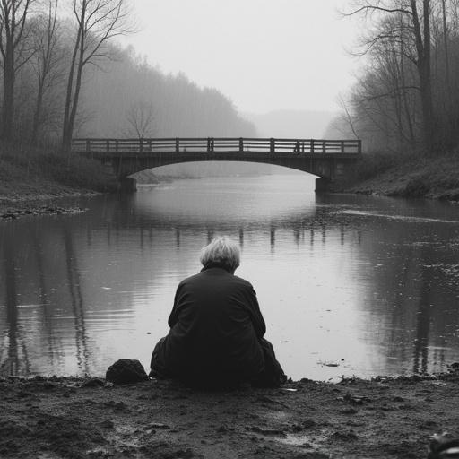 Elderly person sitting by river shore. Wooden bridge in background. Rainy day atmosphere. Black and white photography with dramatic elements. Surrealistic touches. Highly detailed and sharp focus.