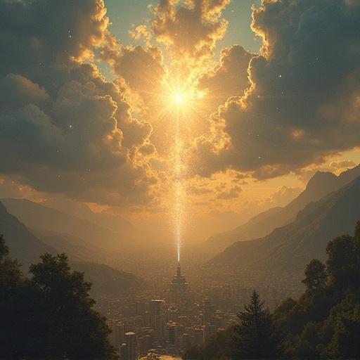 A dramatic landscape displaying a city with a towering structure emitting a bright beam of light towards the sky. Lush mountains surround the valley. Soft clouds reflect the light creating a serene and uplifting atmosphere. Inspirational scenery depicting a metaphor for heaven.