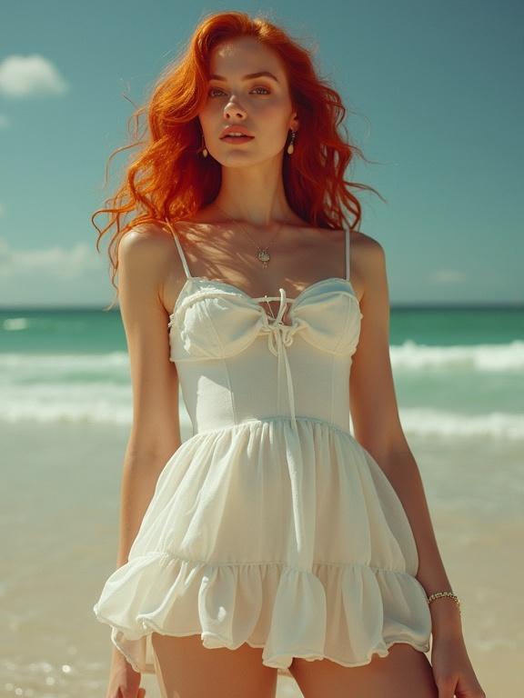 Full body view of a young woman wearing a white summer minidress. She has red wavy hair and poses in a pinup style. The photo has an analog feel and is taken from a low angle.