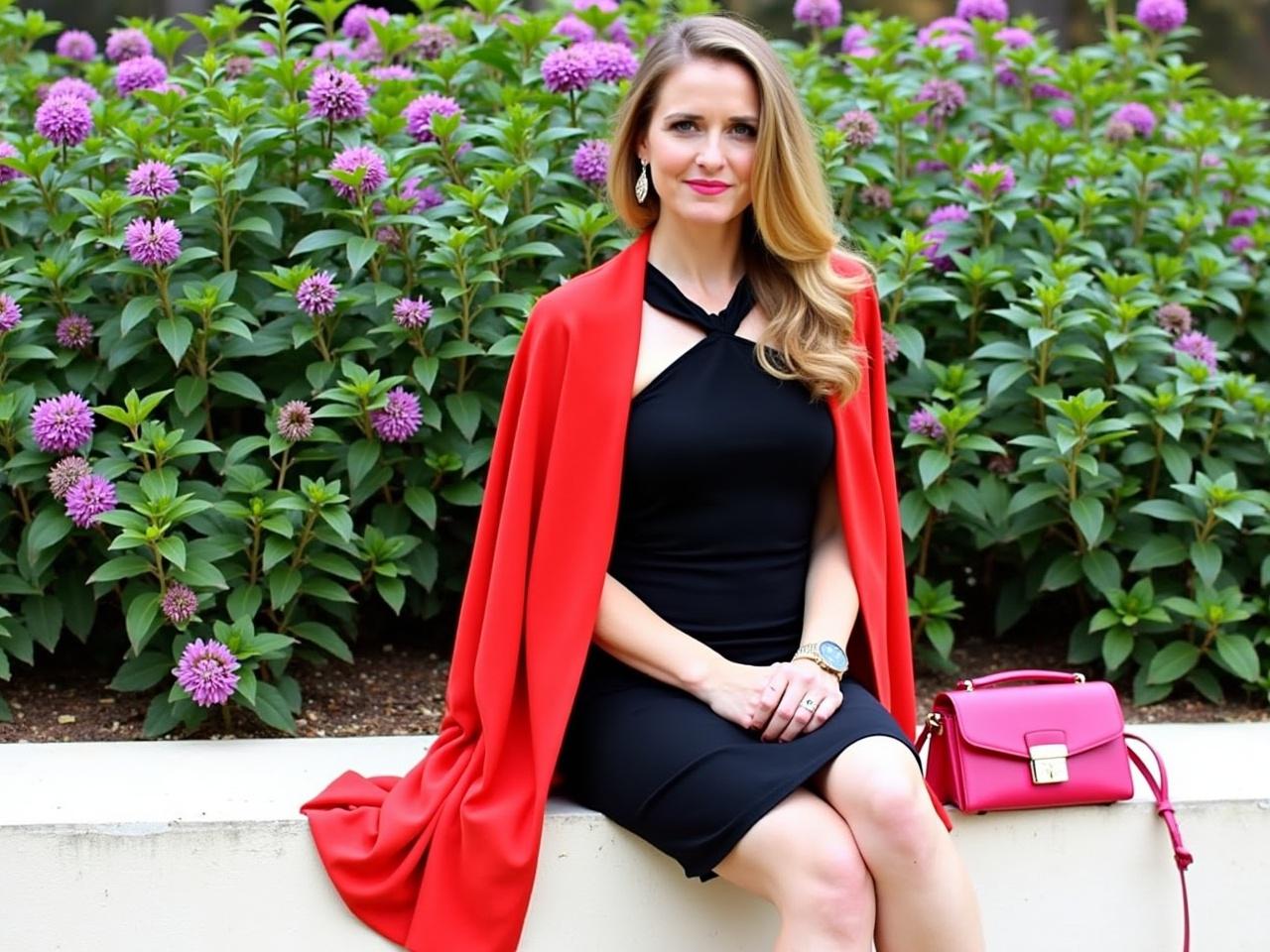 The image shows a woman sitting on a ledge surrounded by vibrant greenery and purple flowers. She wears a stylish black dress with a unique neckline that accentuates her figure. Over her dress, she has a bright red shawl draped over her shoulders. Her accessories include a pink handbag and a watch on her wrist, adding a pop of color to her outfit. The backdrop of flowers enhances the beauty of the scene, creating an elegant and fashionable atmosphere.