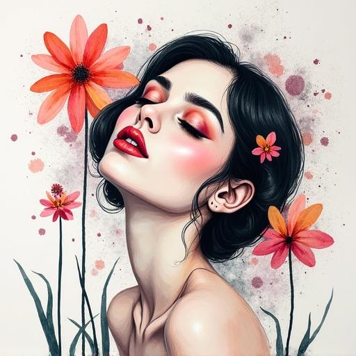 Portrait of a woman with head raised and eyes closed. Black eyelashes and lips resembling flower colors. Thin long stems of flowers on both sides of the head. Lock of black hair visible on one side. Sketch made with colored pencils on watercolor background. Numerous spots of watercolor paint. Abstractionism with a bloom of soul and symmetry.