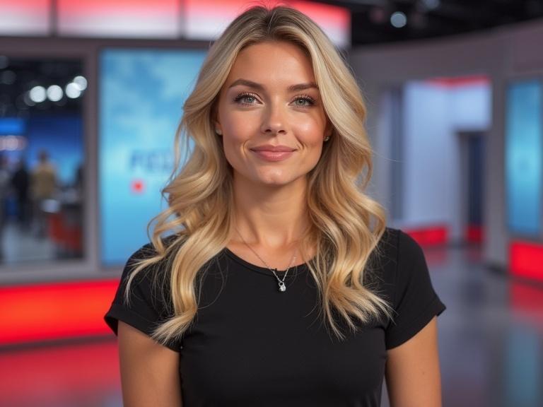 Blonde news presenter reading news in a German television studio designed like Tagesschau