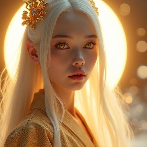 Ultra-realistic portrait of a cyber shrine maiden inspired by Amaterasu. Features divine beauty with radiant golden eyes. Long flowing white-gold hair with glowing strands. Porcelain skin in a futuristic ceremonial kimono with golden circuitry. Soft warm lighting focused on her face and a sun-like glow behind. Minimalistic blurred background with light particles.