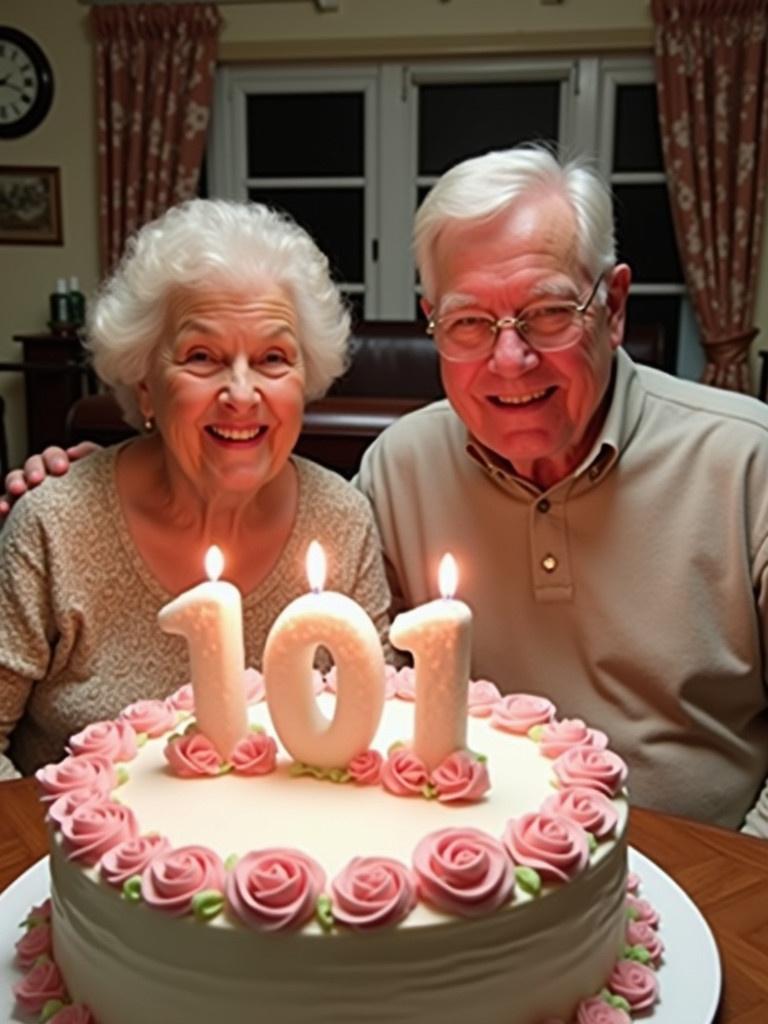 Elderly couple celebrates significant birthday. They sit at a table with a large cake. The cake displays ages 100 and 101. Pink roses are used in cake decoration. Candles are lit on the cake. The setting is a warm and cozy room with curtains and clocks.