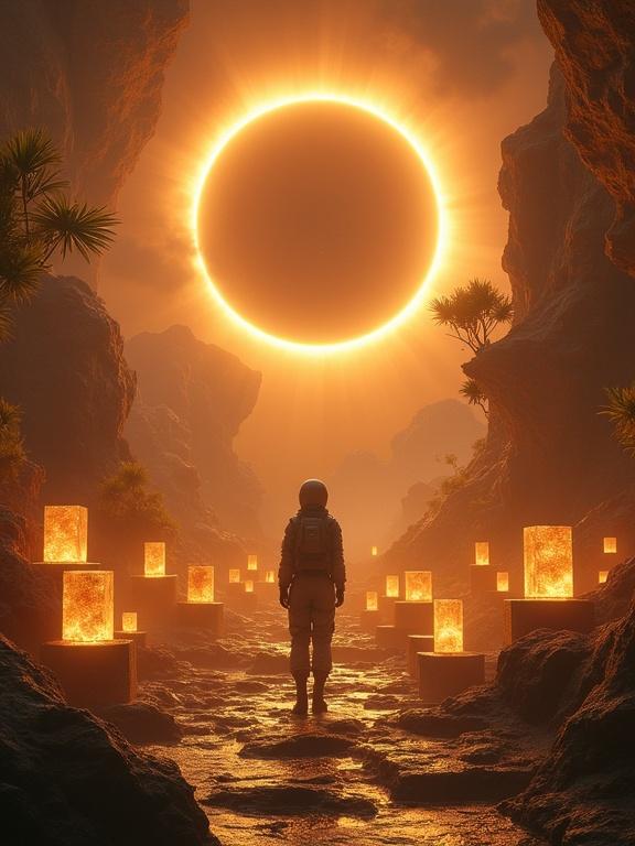 An astronaut prays at an altar of floating rock blocks. These blocks emit an intense golden light. Hanging gardens with translucent plants sway in the background. A large solar eclipse creates a brilliant ring of light. The scene is mystical and surreal.