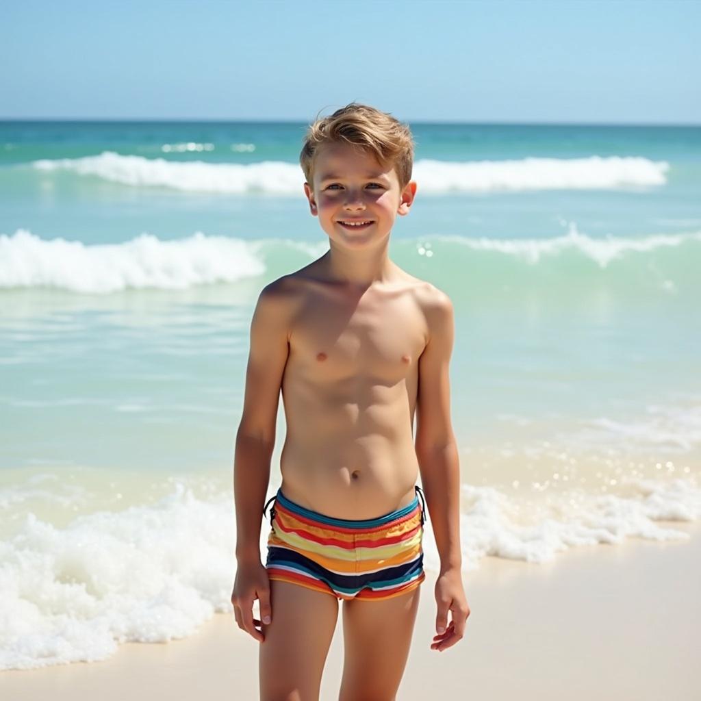 Young boy on the beach wearing striped speedos. Waves crash in the background. Bright sunlight highlights the scene.