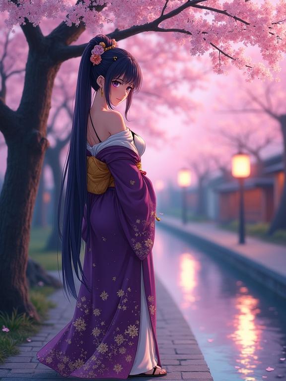 A highly detailed anime-style illustration of an elegant woman near cherry blossoms at twilight. She stands composed and direct, surrounded by falling petals. The woman has long violet hair in an updo, wearing a luxurious purple kimono and gold accessories. A peaceful stream flows beside her, and the scene reflects lantern lights and soft colors of a Kyoto evening.