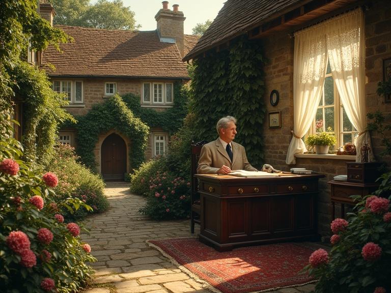 Cozy English village depicted with ivy-covered cottages. A quaint vicarage study shows a magistrate at a desk. Miss Marple observes from a window. Warm afternoon light creates an intriguing atmosphere.
