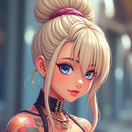 Anime character with frosted blue eyes and light blonde high bun. Features colorful tattoos and edgy popstar streetwear. Displays a blend of Japanese and Saiyan heritage. Muscular physique with defined abs. Set in a luxurious pop music video environment.