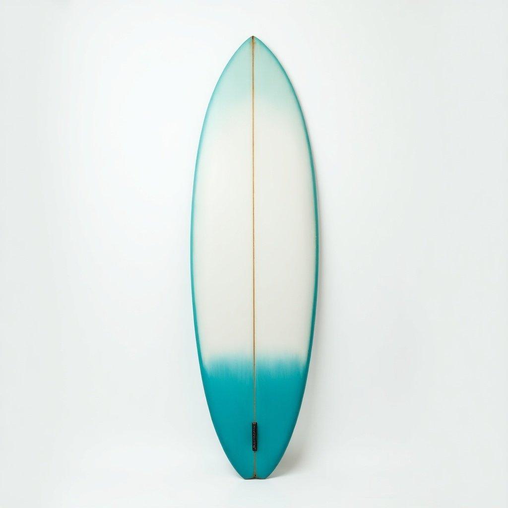 A white surfboard with turquoise blue rails shown cut in half. Focus on the shape and color contrast.