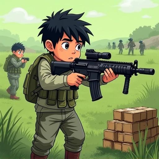 Drawing of young boy with black hair in conflict scene. He holds a machine gun. Environment is a green landscape with visible bodies. The boy appears determined despite an injury. Ammunition boxes stack nearby.