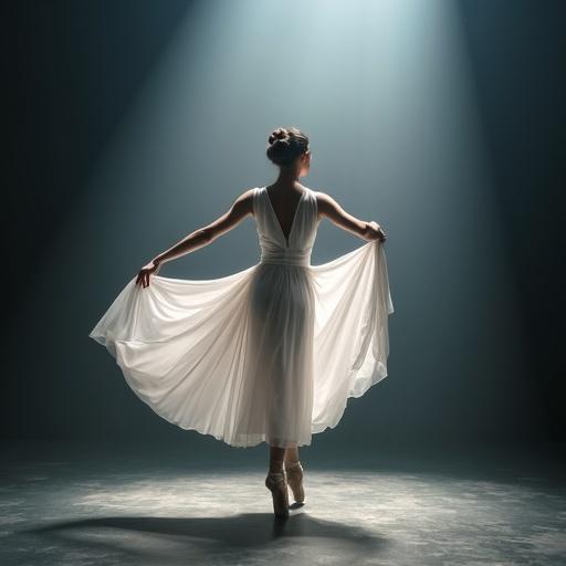 An elegant ballerina dances under a spotlight. The ballerina has a graceful posture. She wears a flowing white dress. The expression is soft.