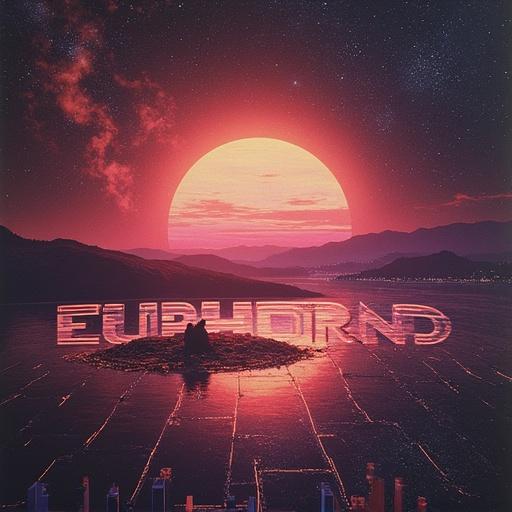 Futuristic album cover featuring the text Euphoric Dawn in a vibrant setting. Large sun in the background with neon colors. Landscape view with artistic elements.