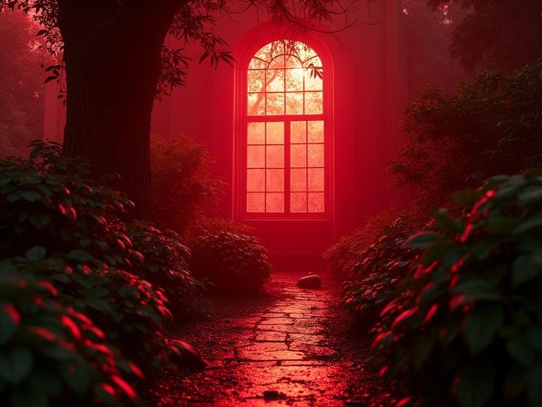 A garden scene with a red-tinted window. The window is surrounded by lush greenery and a stone pathway leading towards it. The lighting creates a surreal, mystical atmosphere with intricate details.