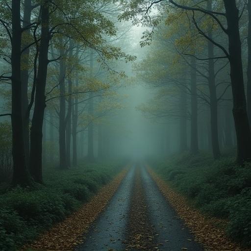 A misty road surrounded by tall trees. Autumn leaves scattered along the path. Fog covers the forest giving a mysterious feeling.