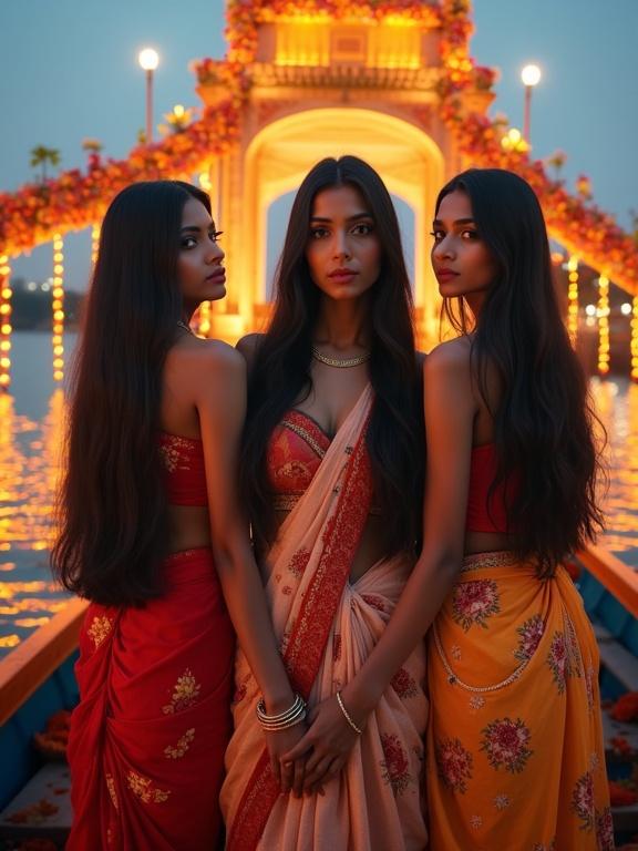 Ultra-realistic portrait near Howrah Bridge in Kolkata at twilight. Traditional boat decorated with flowers. Three confident Indian women aged 20-25. Center woman faces forward. Side women have graceful poses. Richly detailed sarees or lehengas with modern twist. Long flowing hairstyles. Cinematic bokeh background. Vibrant lighting highlights their beauty. UHD. Shot in a cinematic style.