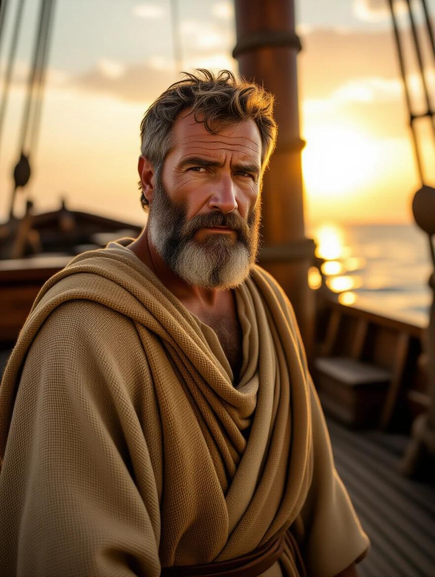 Cinematic shot of a biblical apostle. He is middle-aged with a weathered face and beard. A simple burlap robe is worn. Standing on the deck of an ancient Roman ship. Warm light of golden hour illuminates the scene. Hyper-detailed wood texture and realistic fabric. Mood is contemplative.