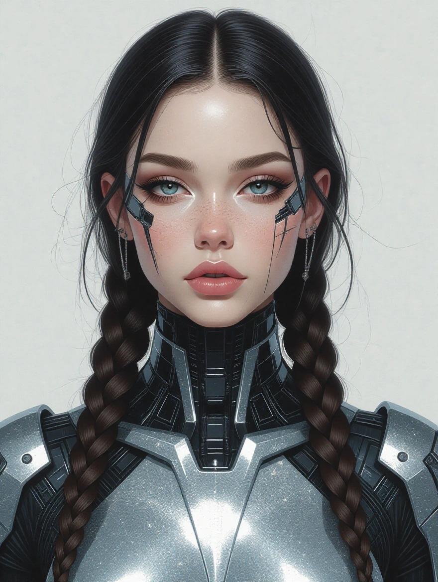 Portrait of a cyberpunk hacker girl in a reflective silver bodysuit with pale skin. Detailed facial features include long black braided hair. The artwork features volumetric lighting with smoke and glitter effects. The biomechanic suit is intricately designed with gleaming elements. The style incorporates influences from various artists known for their detailed character design.