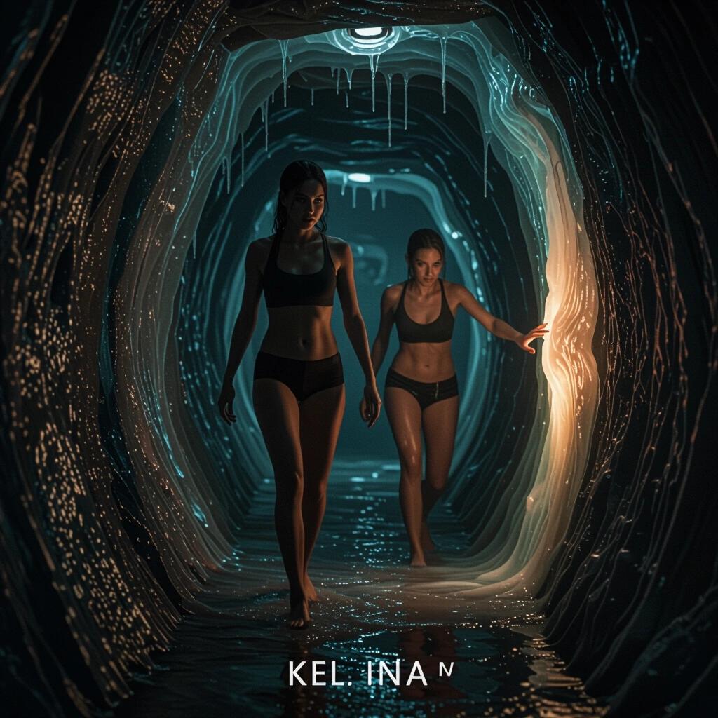 A hyper-realistic scene with two women in a dark alien corridor. Valeria leads cautiously while Kasia touches a warm, pulsating wall. The corridor displays organic textures and bioluminescent elements. Lighting creates a tense atmosphere. The visual style incorporates grainy cinematic elements.