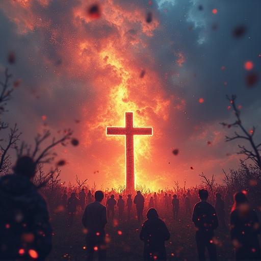 Create a thumbnail for Christian music. Dramatic scene with a cross illuminated by fire in the background. People standing in front, symbolizing worship and community.