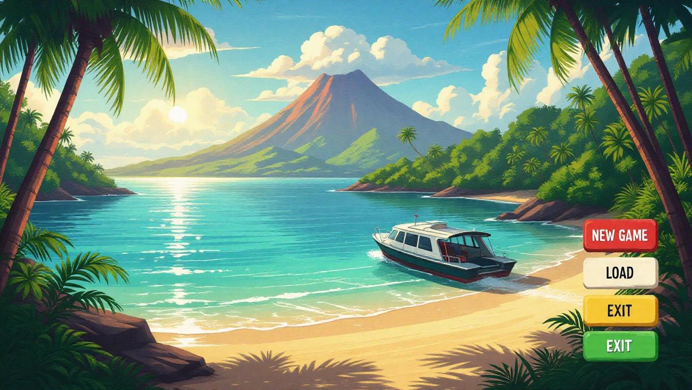 Illustration for a video game title screen with a tropical island and volcano. A ferry boat approaches the shore. The sea reflects sunlight. The scene shows a vibrant landscape with defined button areas labeled 'New Game' 'Load' 'Exit'. Space for game title is available.