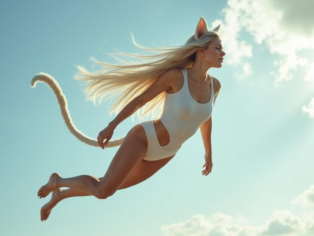 Photorealistic full body shot from the side of a slender muscular woman. She has long platinum blonde hair. She is flying through the sky with cat ears and a tail. Beautiful dimples and piercing blue eyes visible.