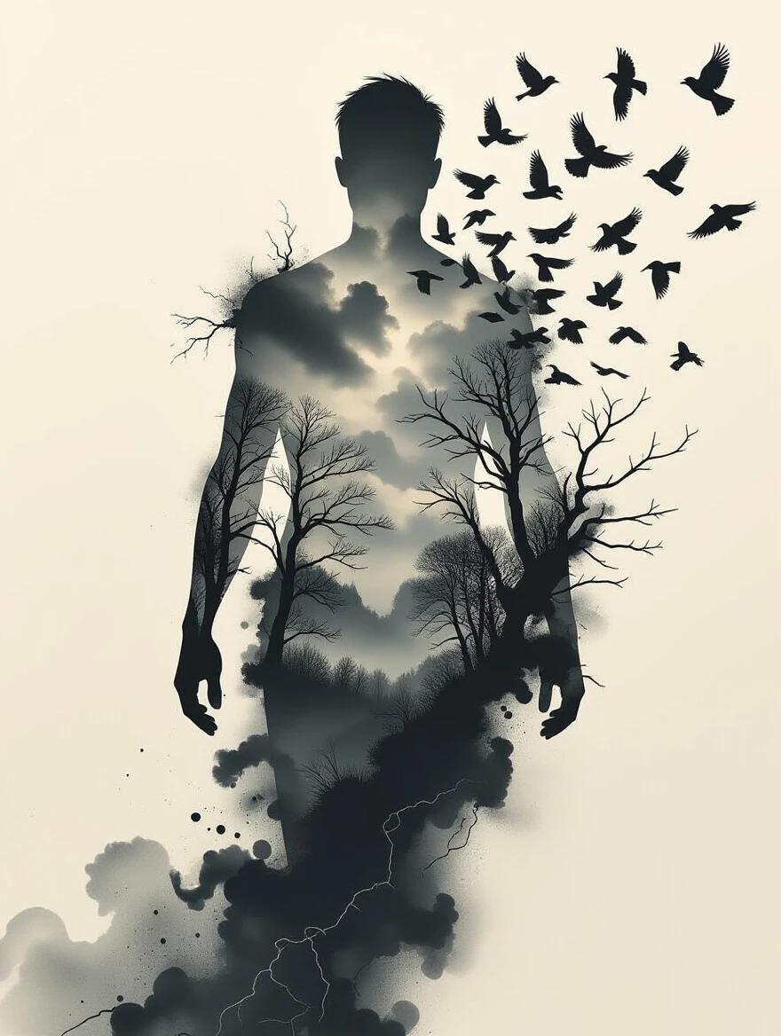 Frontal silhouette of a human figure dissolves into crows flying. Double exposure with cracked trees and cloudy skies inside torso. Expressive black ink textures and brush strokes. Symbolic with high contrast and mood.
