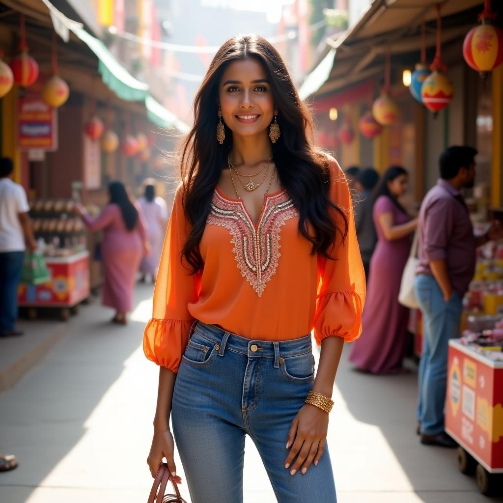 Indian woman in a stylish orange blouse and jeans, walking in a colorful market street with vendors.