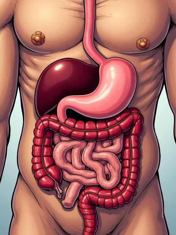 Illustration of human digestive organs in a comic style. Visible organs include stomach liver and intestines. Bright colors used for clarity. Frontal perspective focusing on the torso.