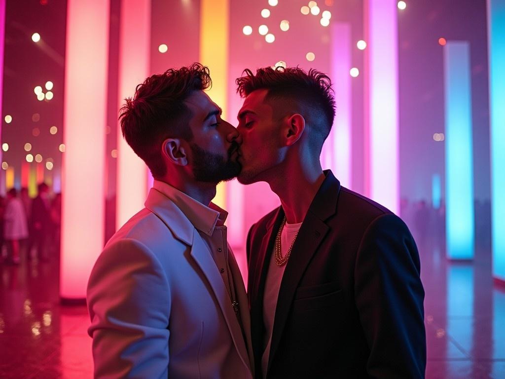 The image features two male models sharing a passionate kiss under vibrant and colorful lights. They are positioned closely, creating an intimate atmosphere. The setting appears to be an events space filled with contemporary lighting architecture. The models showcase stylish outfits, one in a white suit and the other in a black blazer, highlighting modern fashion. The colorful background enhances the romantic mood of the photograph, capturing a joyful moment of love and connection.