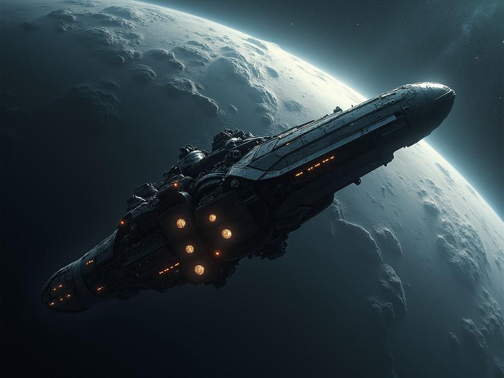 This image depicts a futuristic spaceship navigating through the cosmos. The vessel is intricately designed, featuring large engines and bright lights. In the background, a celestial body serves as a backdrop, adding depth to the scene. The colors emphasize both the darkness of space and the metallic sheen of the ship. This visual evokes a sense of adventure and exploration in an expansive universe.