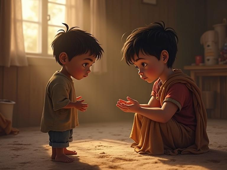 Two children in a sunlit room engage in conversation. One child is older and kneeling down. The other child stands. They exchange thoughts about sharing and compassion. The atmosphere is warm and inviting. The setting is a simple room with natural light.
