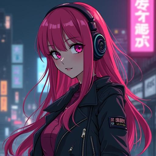 Anime female character with pink hair wearing headphones in a cyberpunk urban background featuring neon signs.