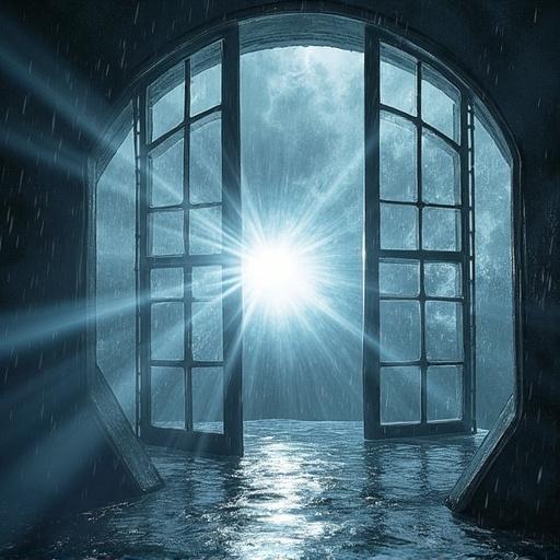 Interior of a lantern room with a rotating lamp. Bright white light beams through rain-streaked glass. Thunderstorm rages outside. Reflections dance on metal walls and floor. Moody watercolor style with wet textures and electric tension.