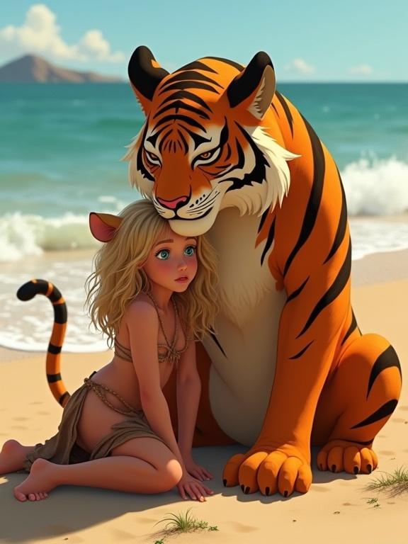 A young skinny tribal Slavic blonde woman rests on the beach. She is beside a big tiger-like creature. The woman has tattered clothing and is in a relaxed position on the sand. The tiger is large and protective, hugging her gently. Warm beach setting with clear blue water in the background.