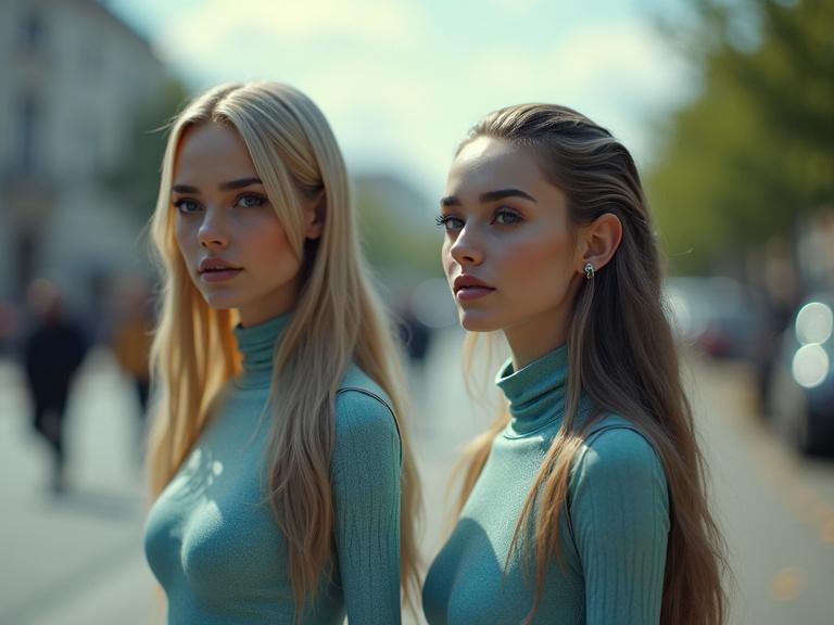 Two women walk through a city. Their features are humanoid with subtle alien traits. Skin tones include pale lavender and cool silver. They have long, flowing hair and striking eyes. They wear fitted clothing made of shiny modern materials. The mood is calm and harmonious. Style is ultra-photorealistic with natural lighting.