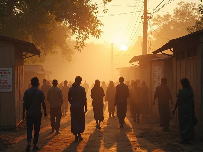 Generate a scene depicting a West Bengal village in the morning. People walking towards a polling booth during voting. Legend of Vox Machina style.