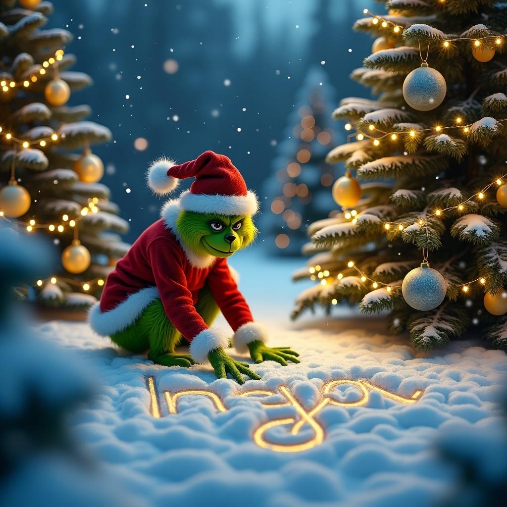 Grinch writing name Inga in snow with Christmas trees around. Green character wearing red Santa outfit. Snowy ground with cozy atmosphere.