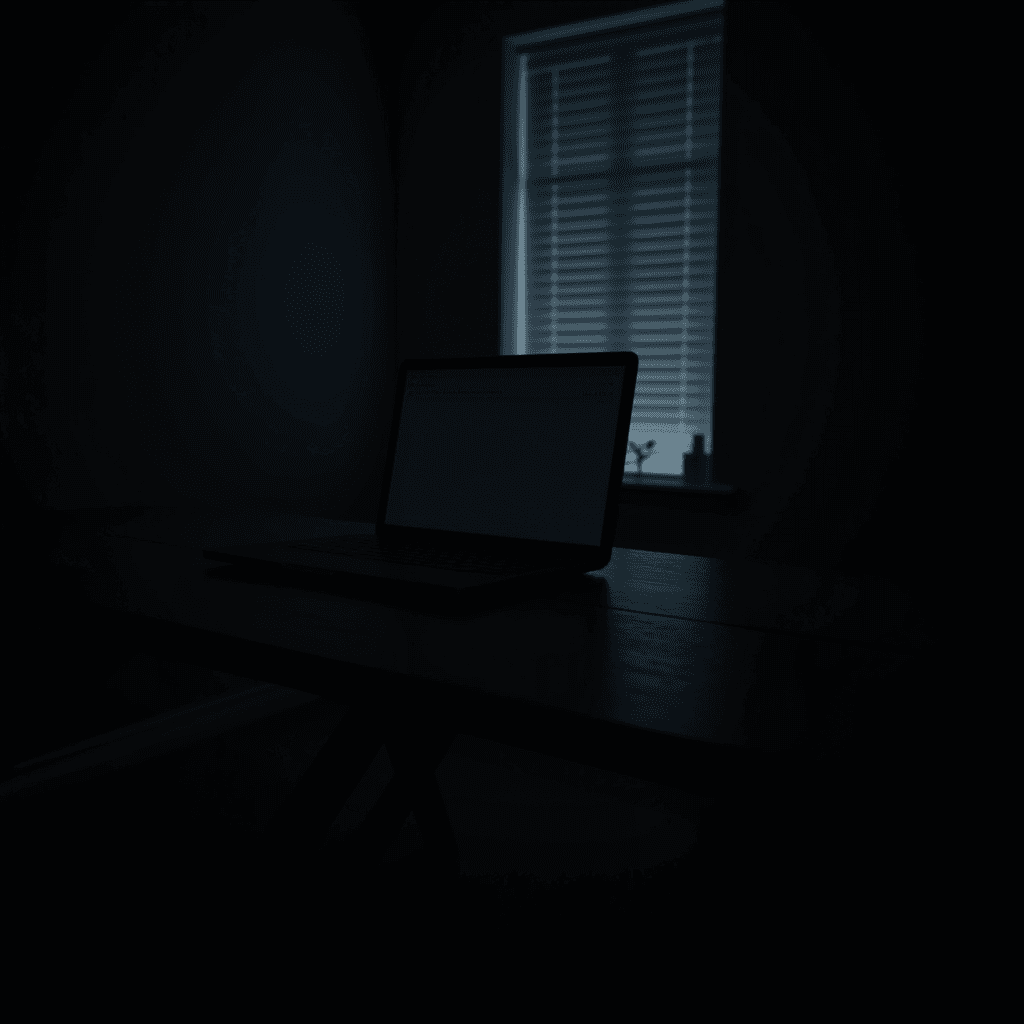 A dimly lit room with a closed laptop on a wooden table and a window with blinds letting in a sliver of light.