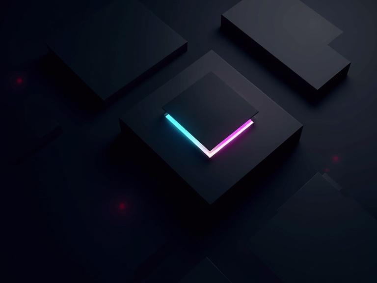 Dark abstract background with geometric square patterns and layered structures. Black base tones and luminous highlights. Clean and minimal composition with square forms. Horizontal orientation with bright ambient lighting and reduced shadows.