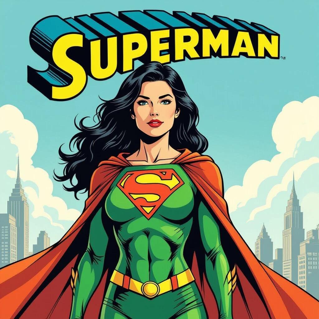 Illustration of Superman film featuring a woman in a green cape and yellow bodysuit.