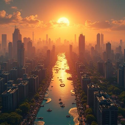 A sprawling delta city merges with its mighty river leading to the ocean. The scene captures futuristic skyscrapers with a warm sunset. Monsoon rains create lush surroundings visible in urban canals. Golden light casts a serene ambiance.