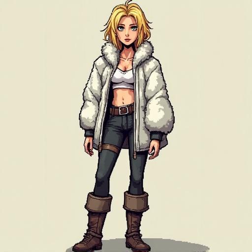 Post apocalyptic blonde girl character with white fur coat crop top and boots drawn in a detailed pixel art style