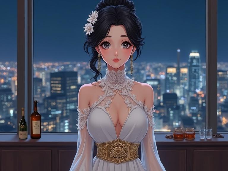 Anime illustration of a beautiful young woman with dark updo hair wearing an elegant white dress. She has delicate earrings and white flower accents in her hair. A nighttime cityscape is visible through a large window behind her. The setting is sophisticated and features a low shelf with bottles in the foreground.