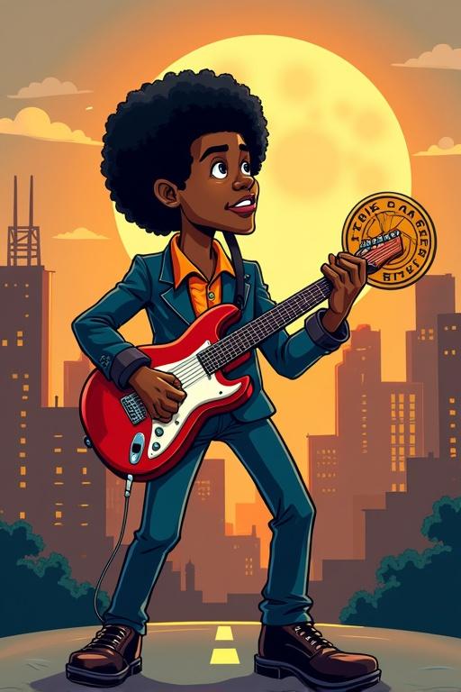 Motown music theme character playing guitar. Character holds a coin featuring music emblem. Cartoon city of Detroit in the background.