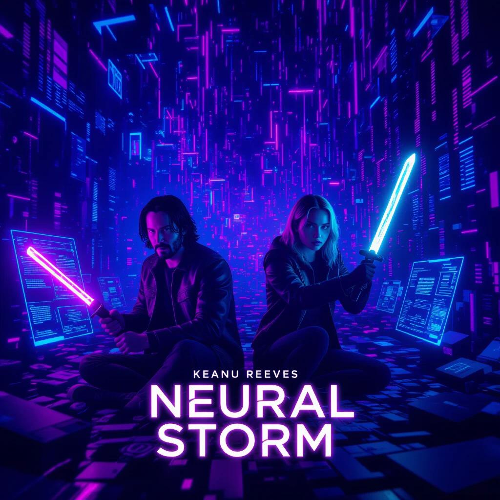 Keanu Reeves and Florence Pugh are depicted in a chaotic digital environment. Characters hold glowing data blades. Surroundings consist of glitching neon purple and blue digital fragments. The scene captures a sci-fi noir tone.